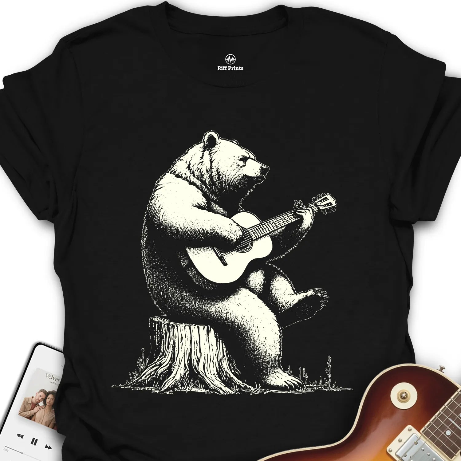 Guitar Bear on Tree Stump T-Shirt