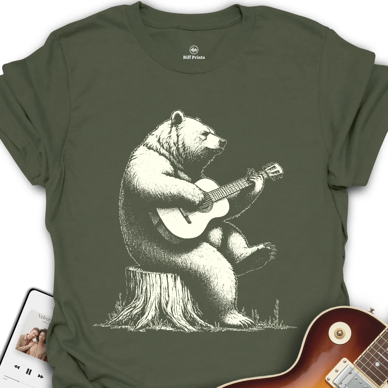 Guitar Bear on Tree Stump T-Shirt